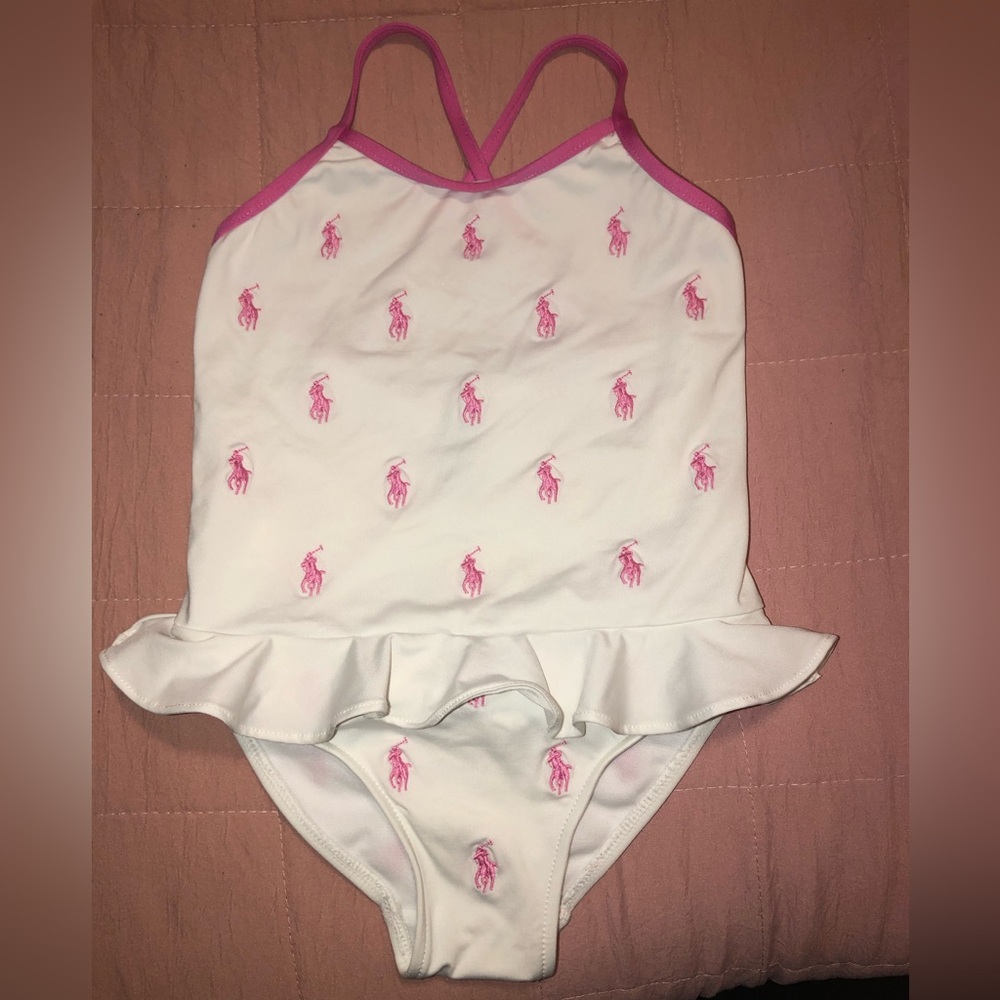 RALPH LAUREN POLO White/Fuchsia Pink Ruffled Girl's 3T Swimsuit-PRISTINE!!!